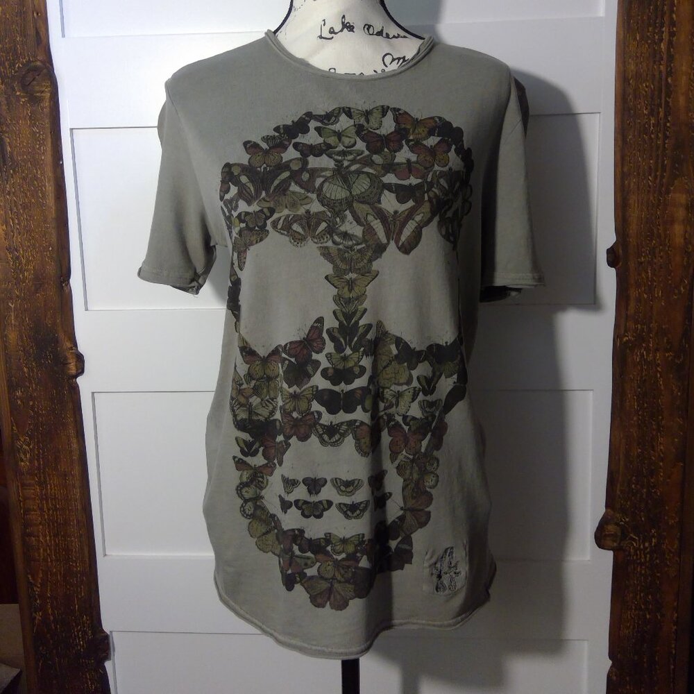Bolongaro Trevor Women's Grey/Green T-Shirt with Butterfly Skull Design (Size S)